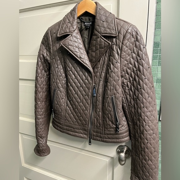 SOLD elsewhere. Worth NY Leather Moto Biker Jacket Mink Brown Quilted 4 SM $998 - Picture 3 of 8